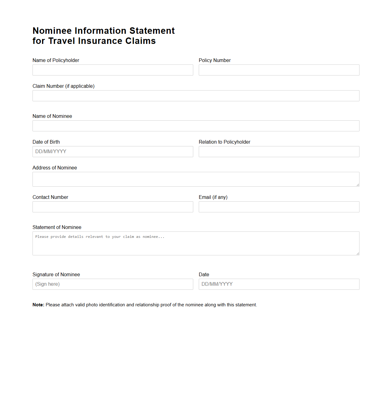Nominee Information Statement for Travel Insurance Claims