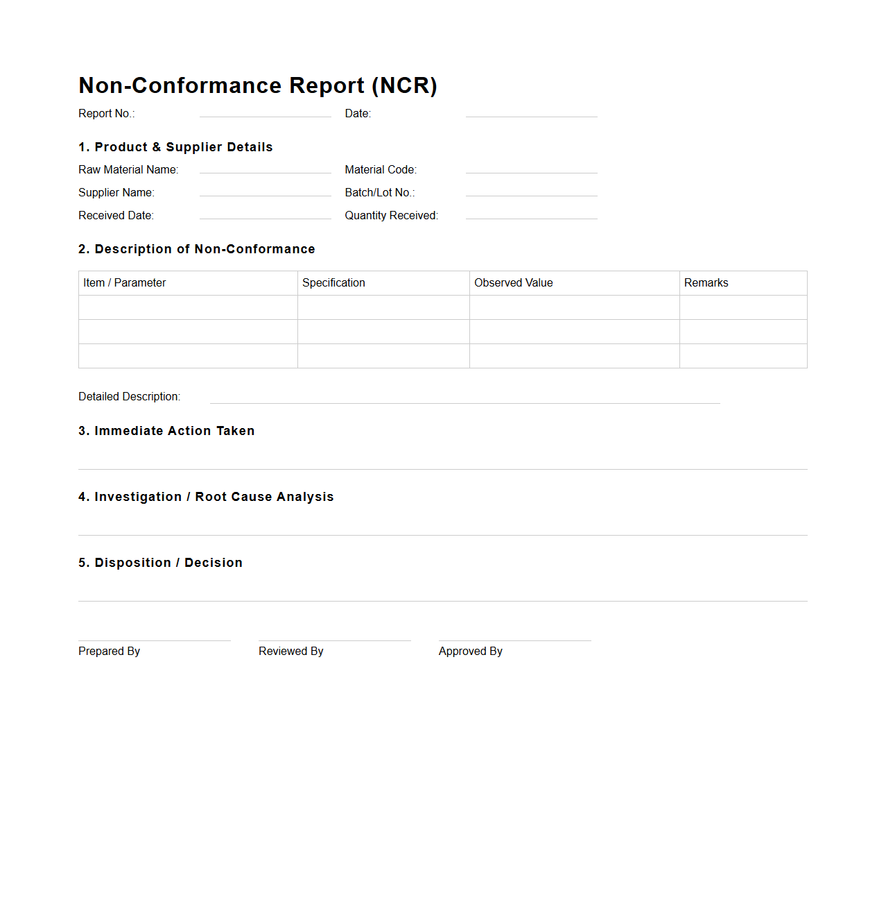 Non-Conformance Report Document for Raw Material Non-Compliance