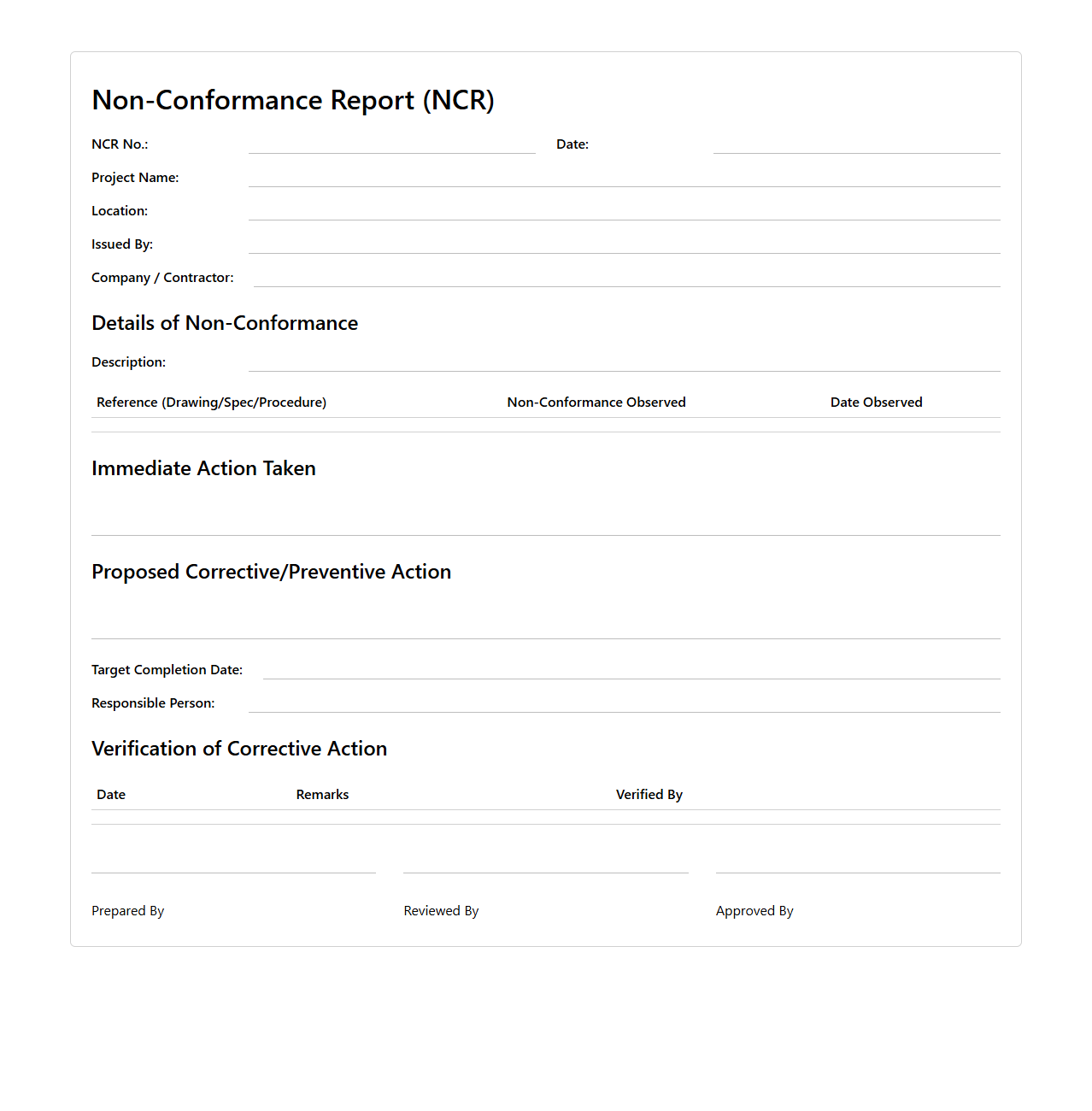 Non-Conformance Report Format for Construction Sites