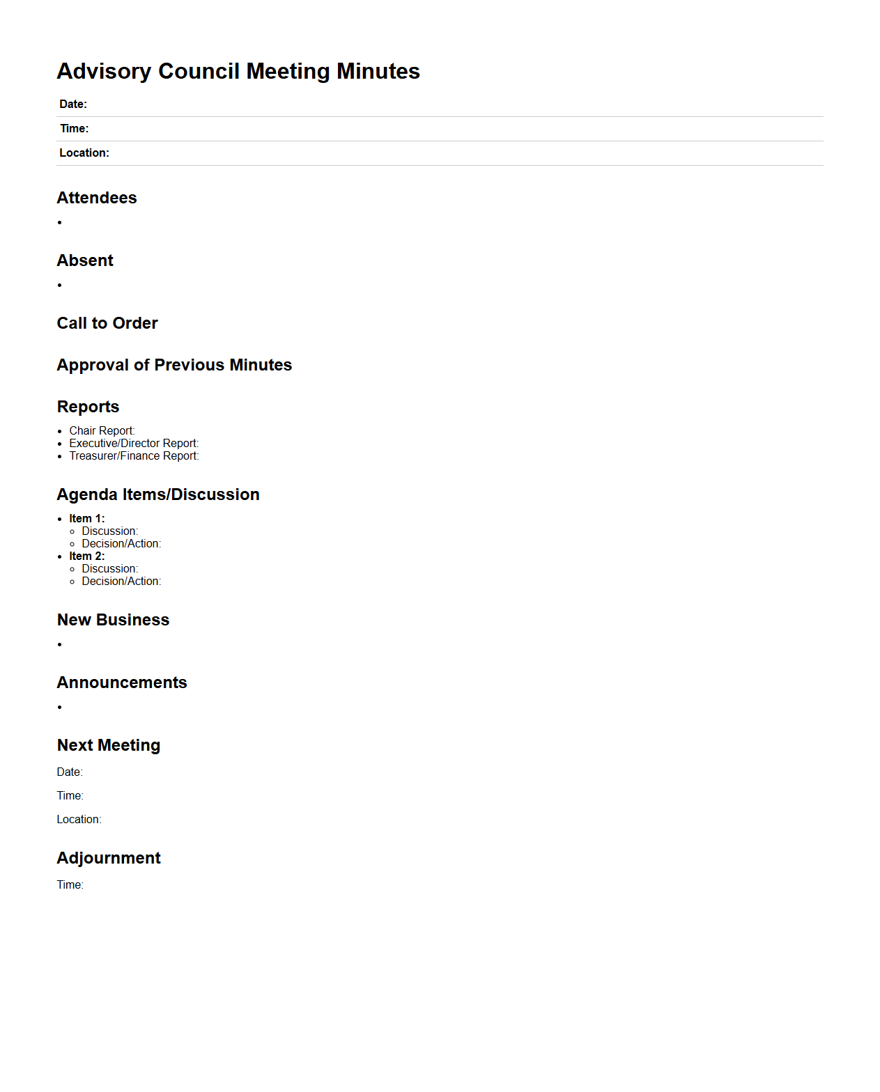 Nonprofit Advisory Council Meeting Minutes Structure