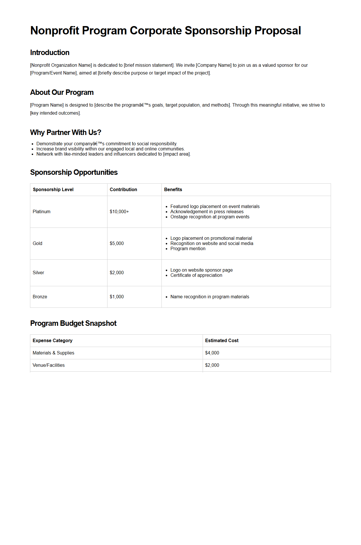 Nonprofit Program Corporate Sponsorship Proposal