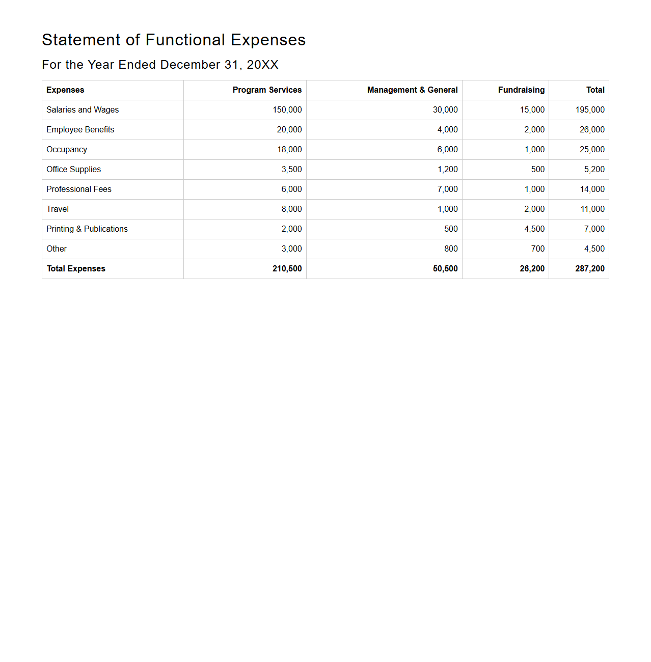 Nonprofit Statement of Functional Expenses Sample