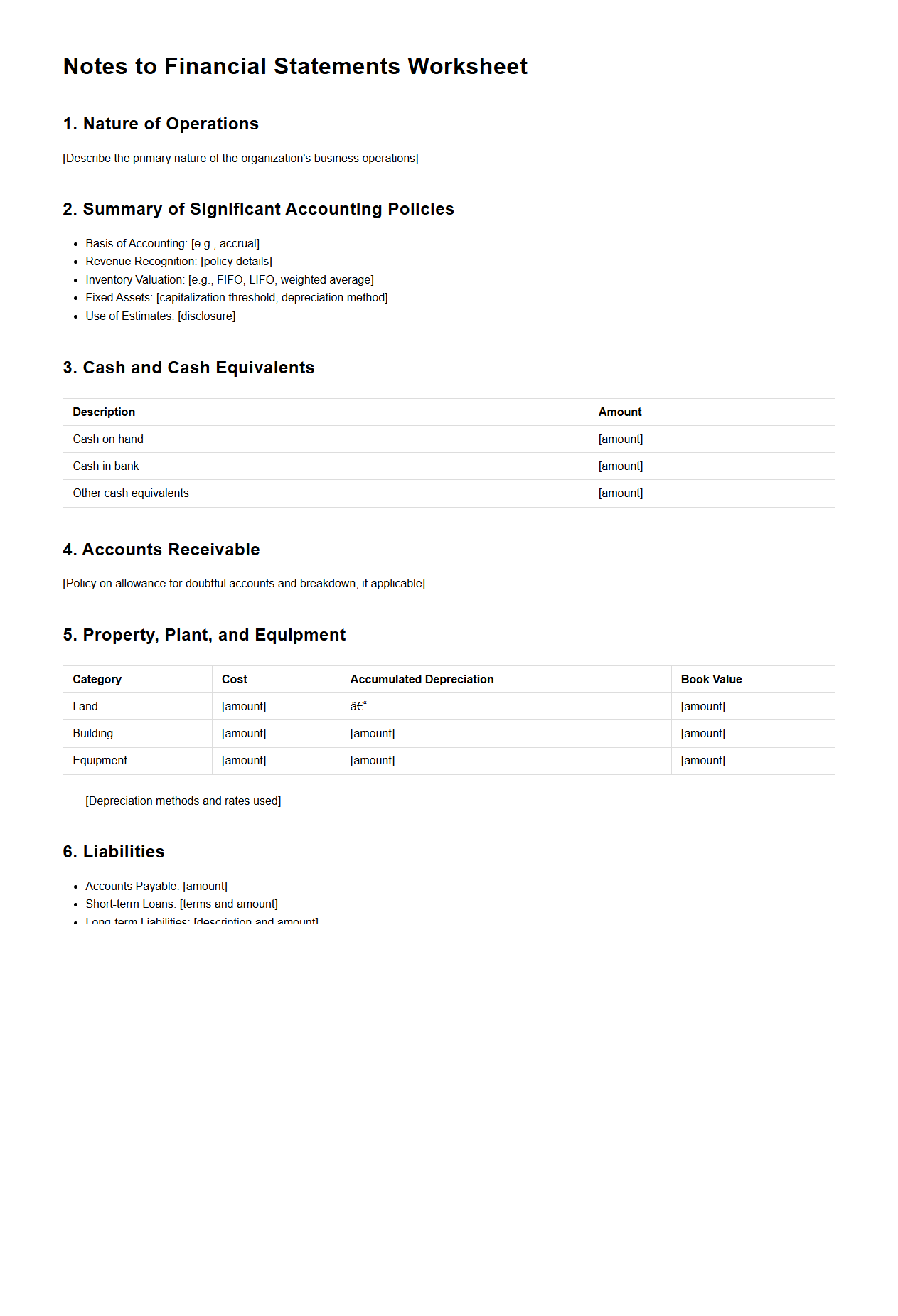 Notes to Financial Statements Worksheet
