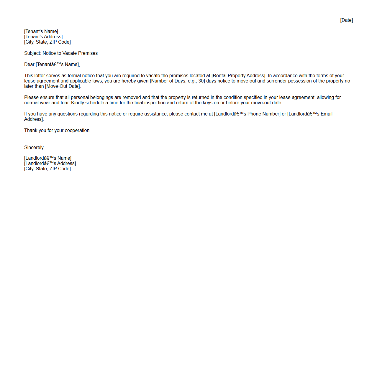 Notice to Vacate Premises Sample Letter