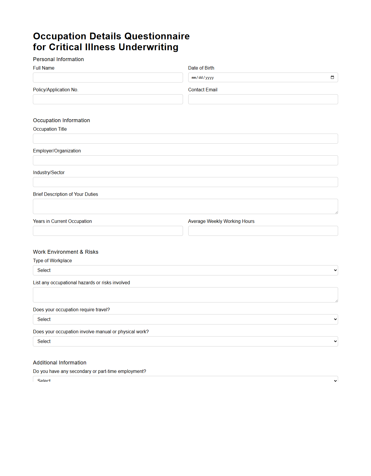 Occupation Details Questionnaire for Critical Illness Underwriting