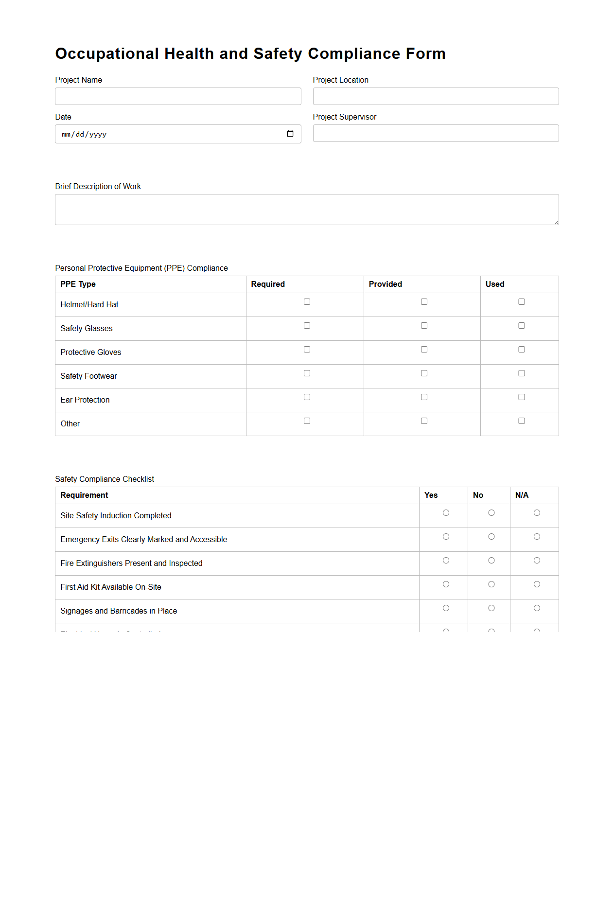 Occupational Health and Safety Compliance Form for Industrial Construction
