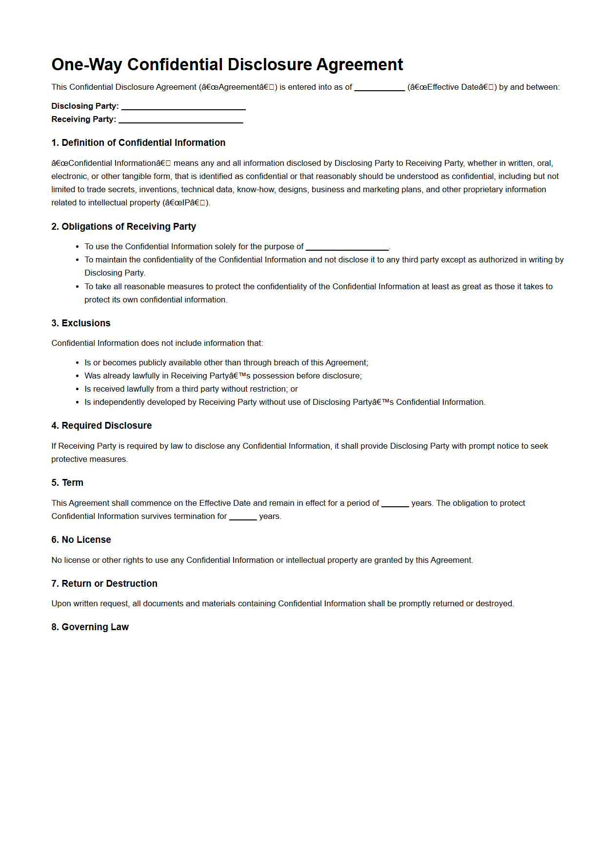 One-Way Confidential Disclosure Agreement for IP