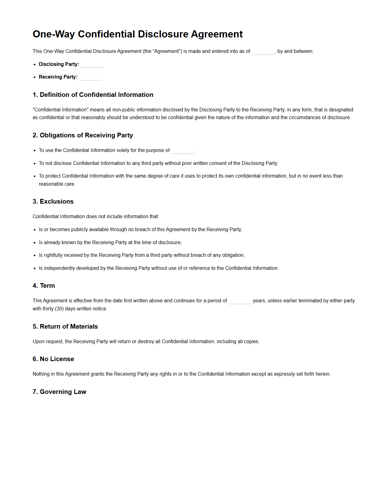One-Way Confidential Disclosure Agreement Template