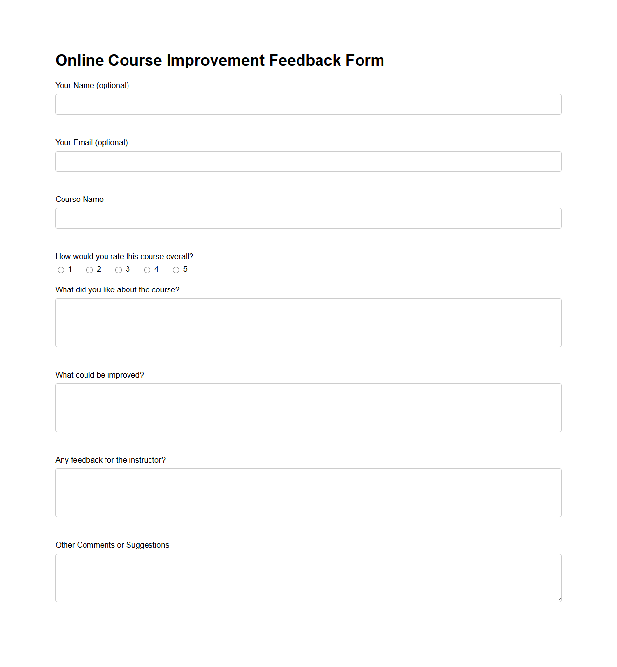 Online Course Improvement Feedback Form