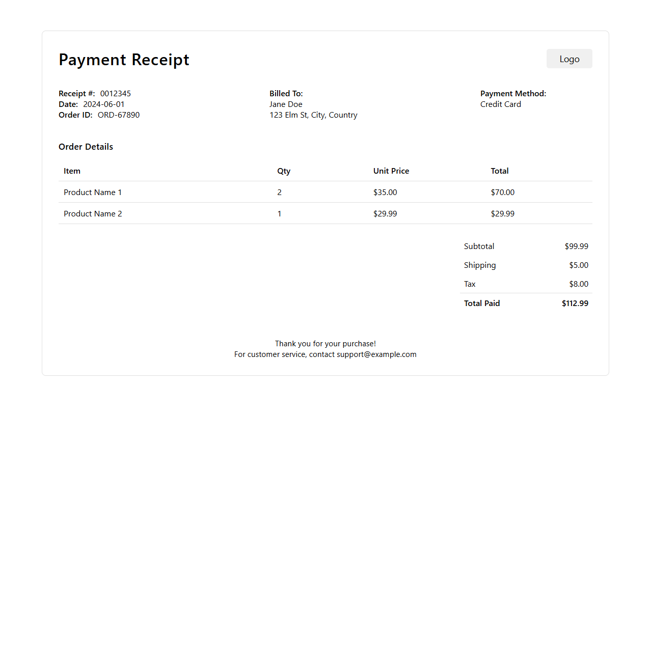 Online Payment Receipt Layout for E-Commerce
