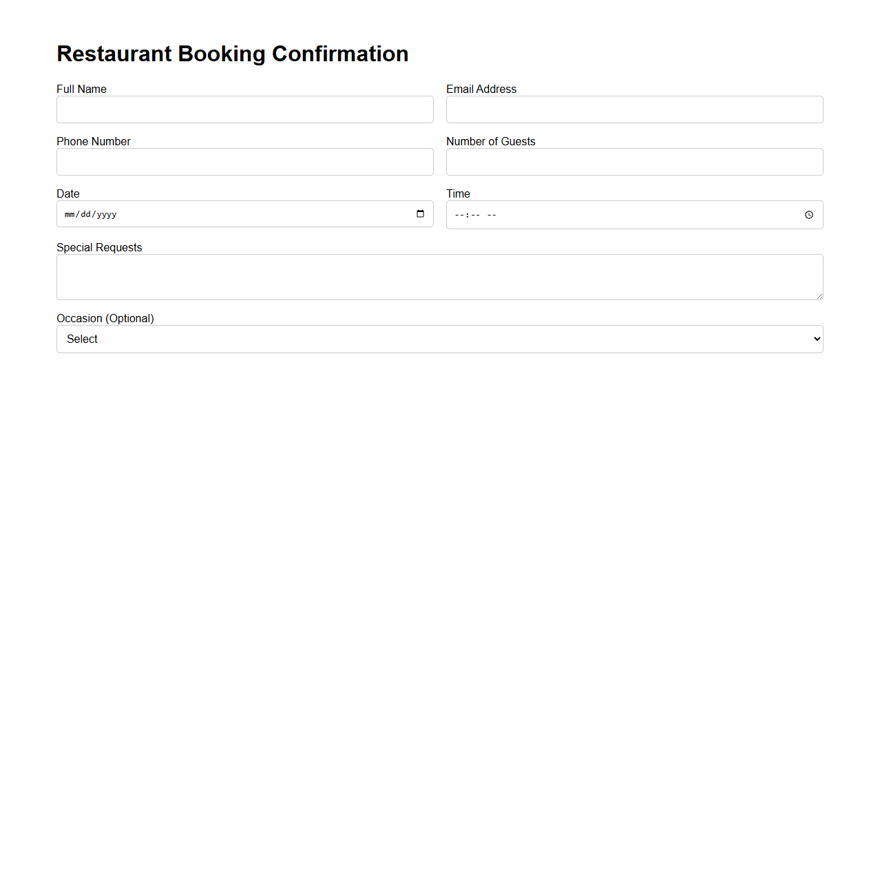 Online Restaurant Booking Confirmation Form