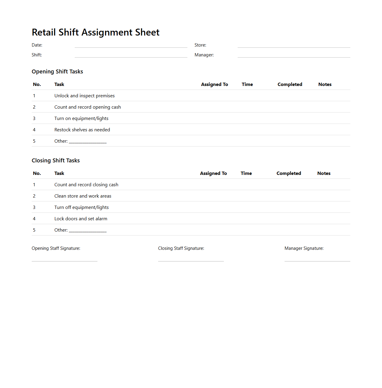 Opening and Closing Retail Shift Assignment Sheet