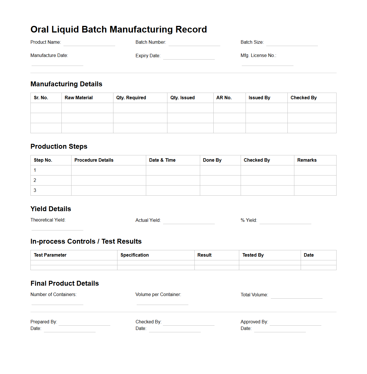 Oral Liquid Batch Manufacturing Record Example