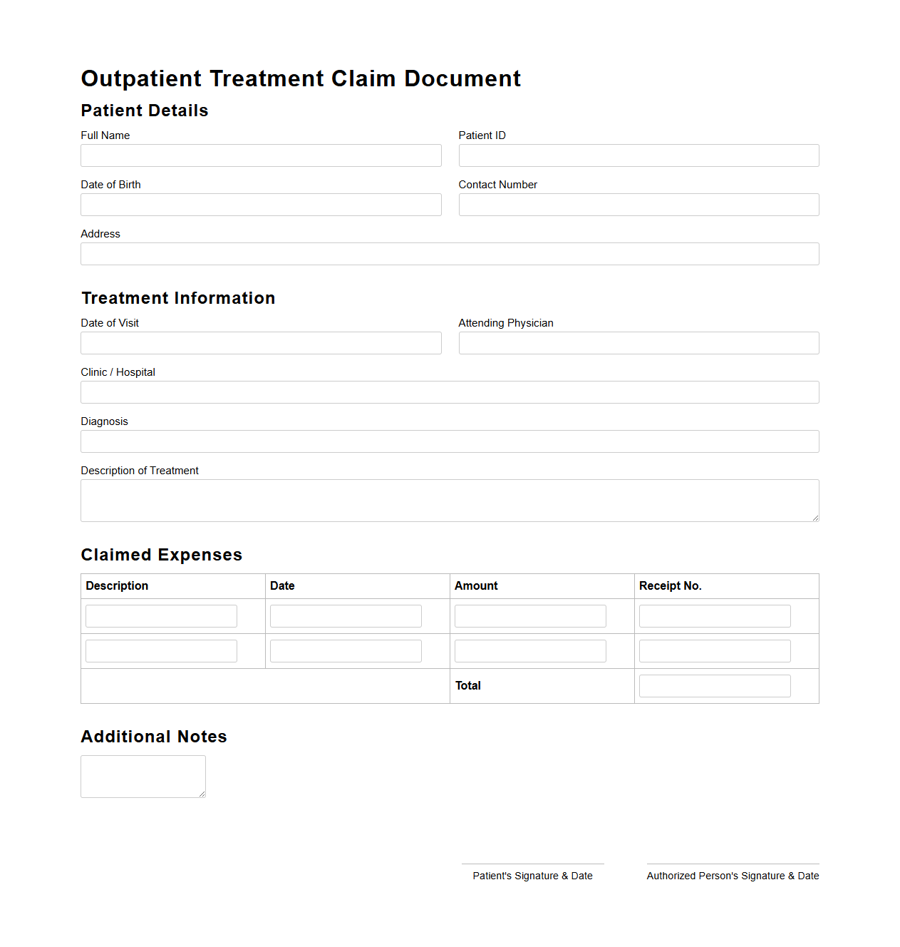 Outpatient Treatment Claim Document