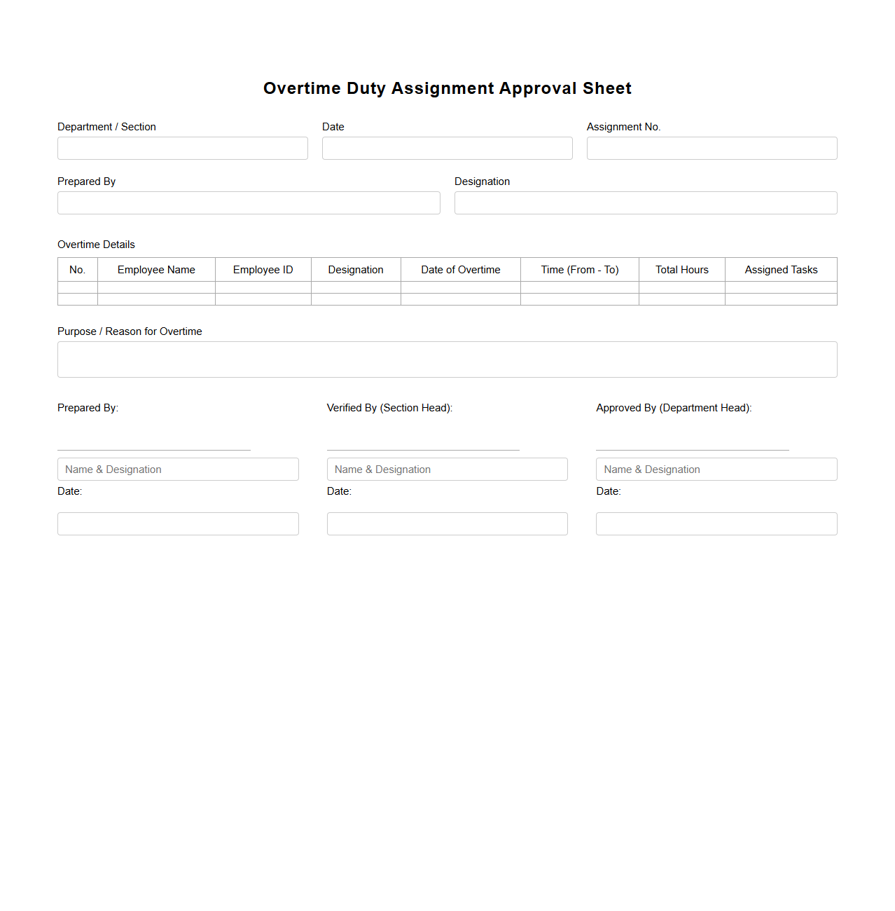 Overtime Duty Assignment Approval Sheet