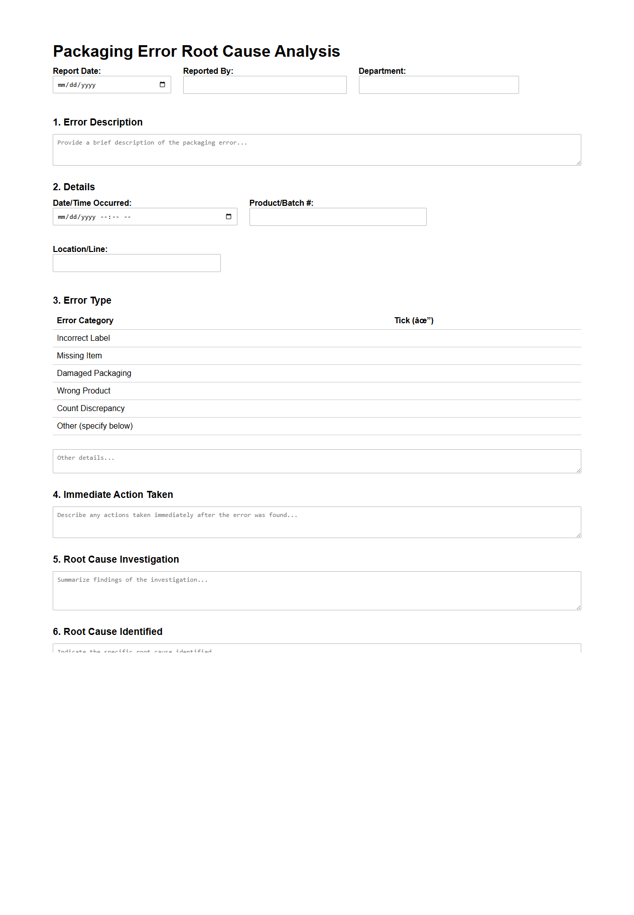 Packaging Error Root Cause Analysis Sample