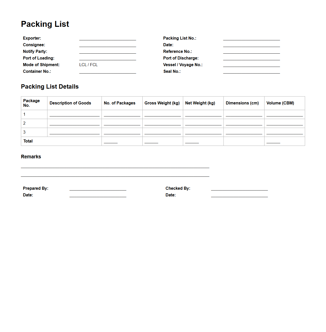 Packing List Example for LCL and FCL Export Shipments