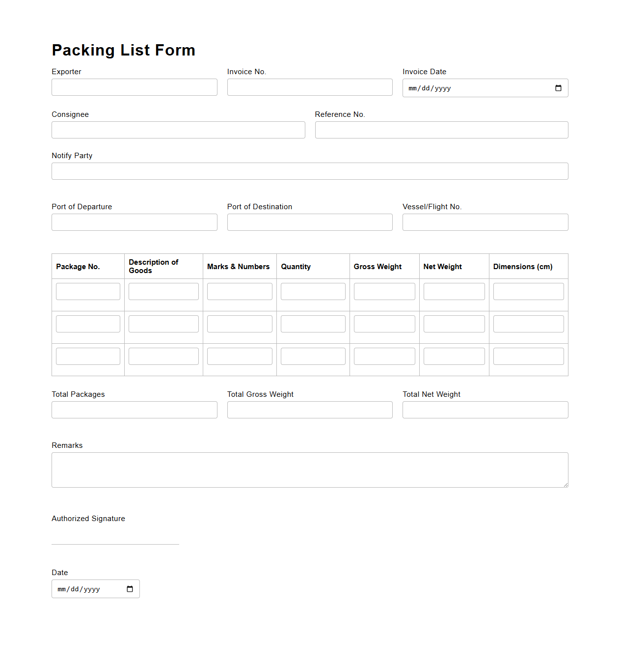 Packing List Form for Export Invoice Support