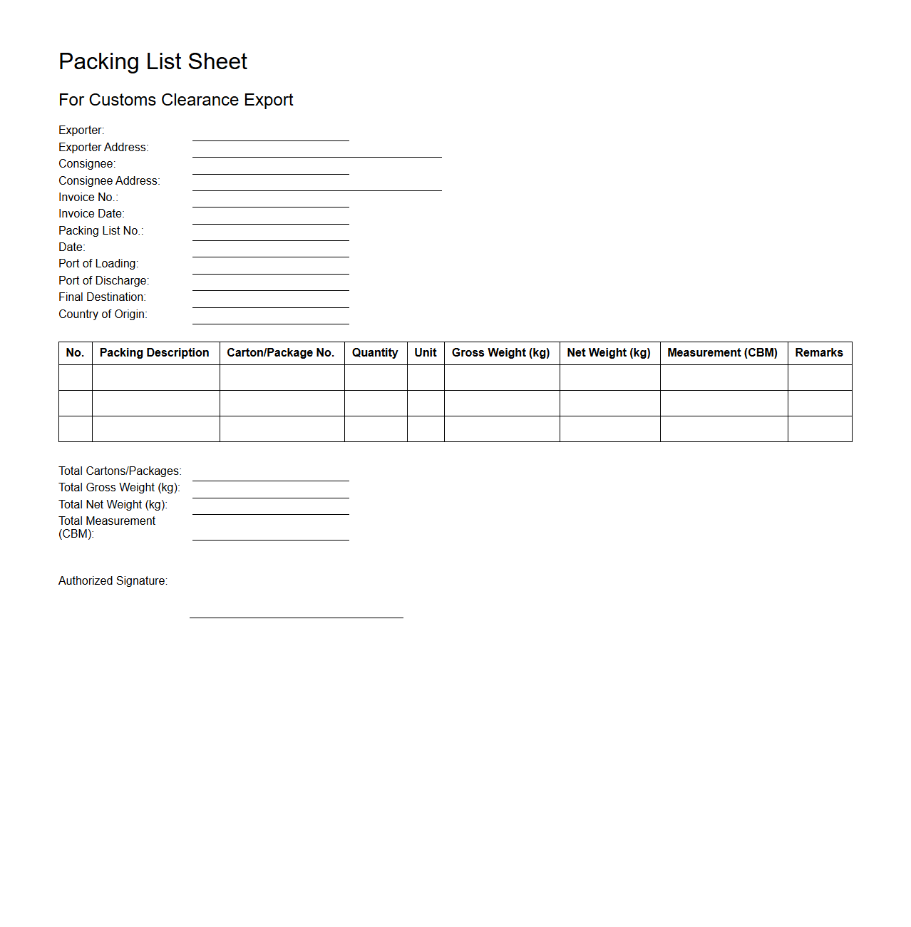 Packing List Sheet for Customs Clearance Export