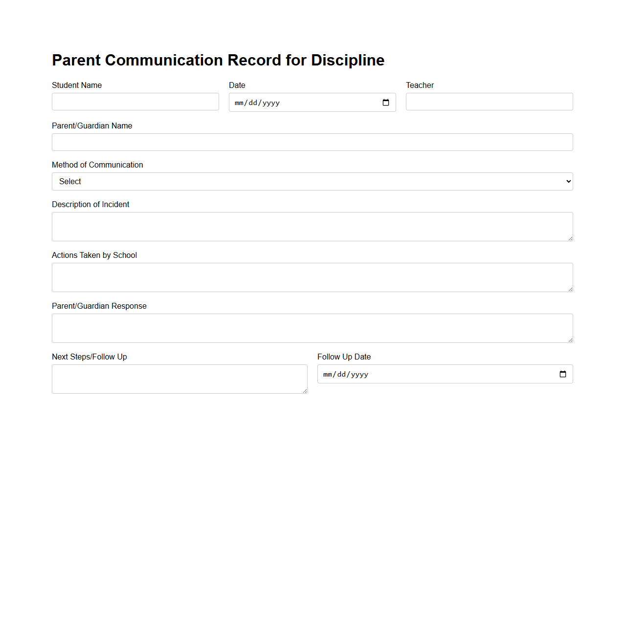 Parent Communication Record for Discipline