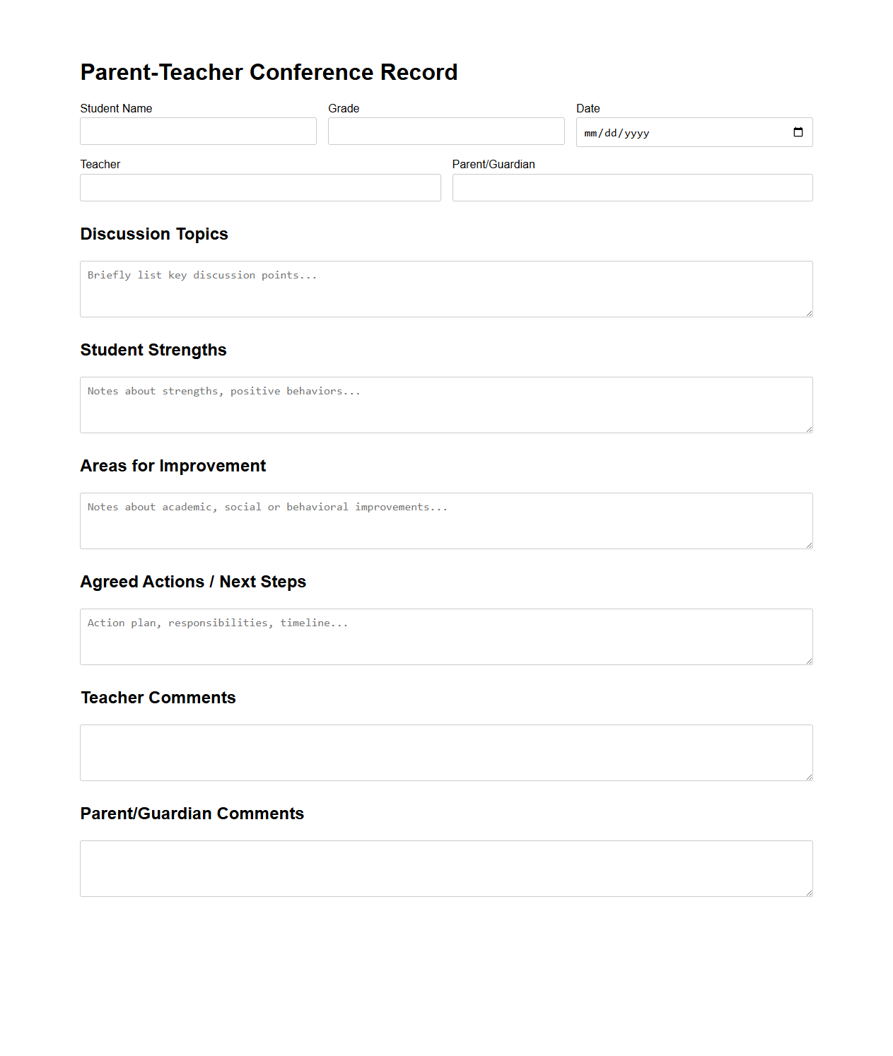 Parent-Teacher Conference Record Template