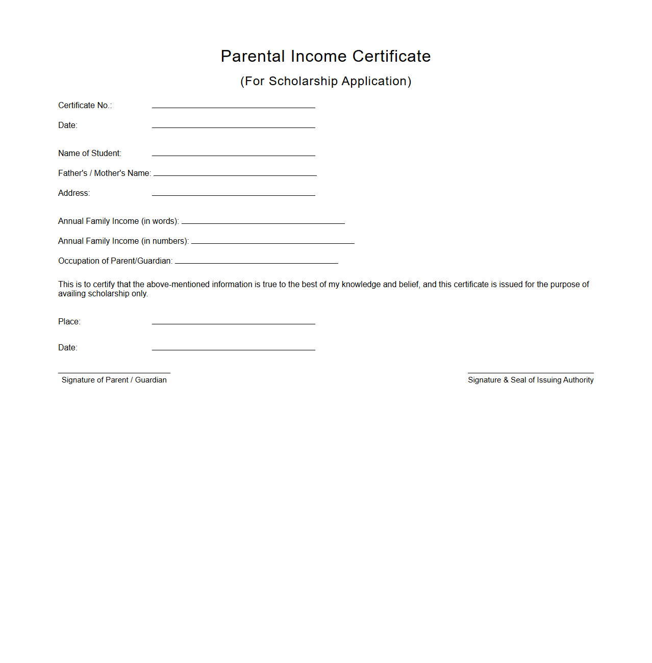 Parental Income Certificate for Scholarship