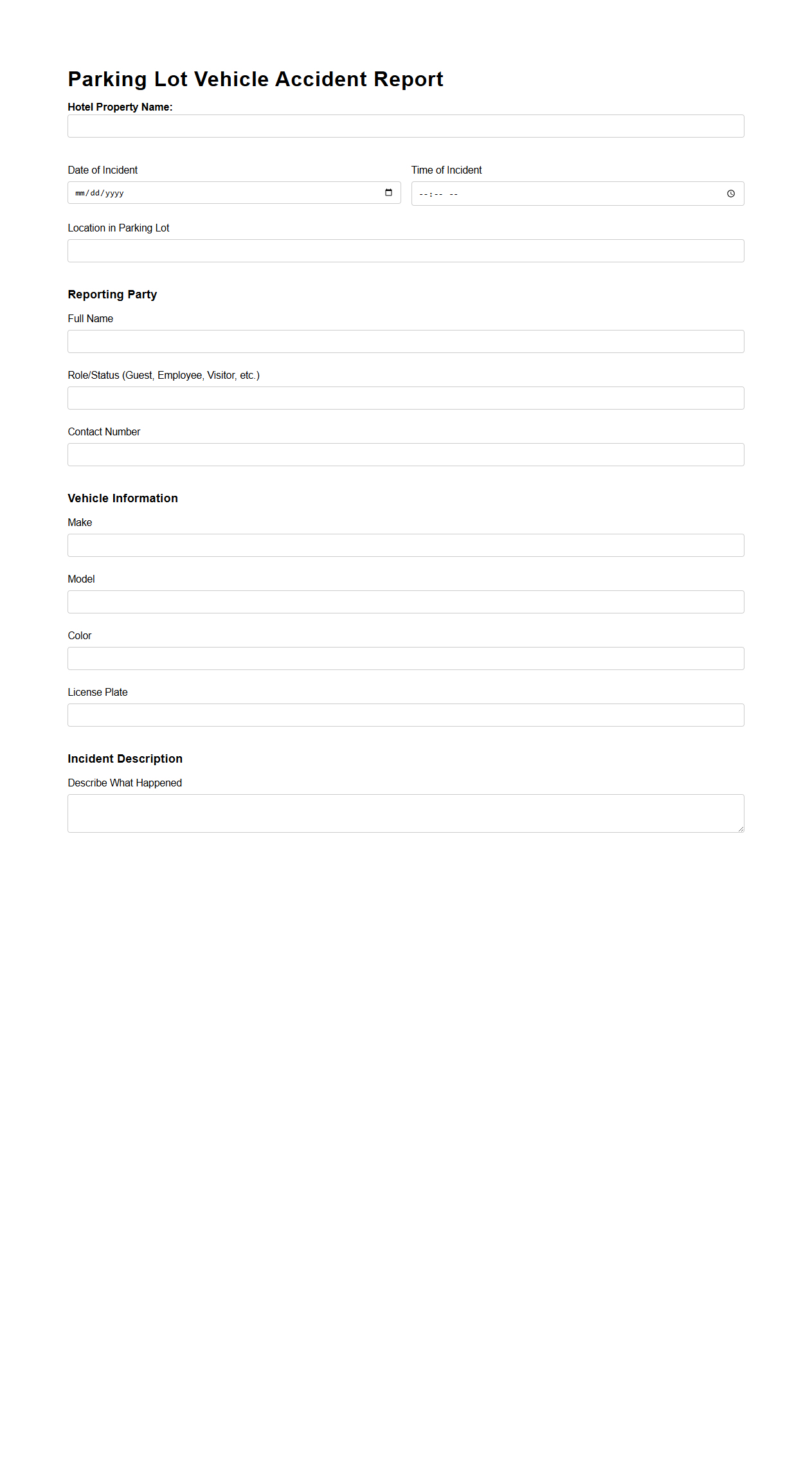 Parking Lot Vehicle Accident Report Example for Hotel Properties
