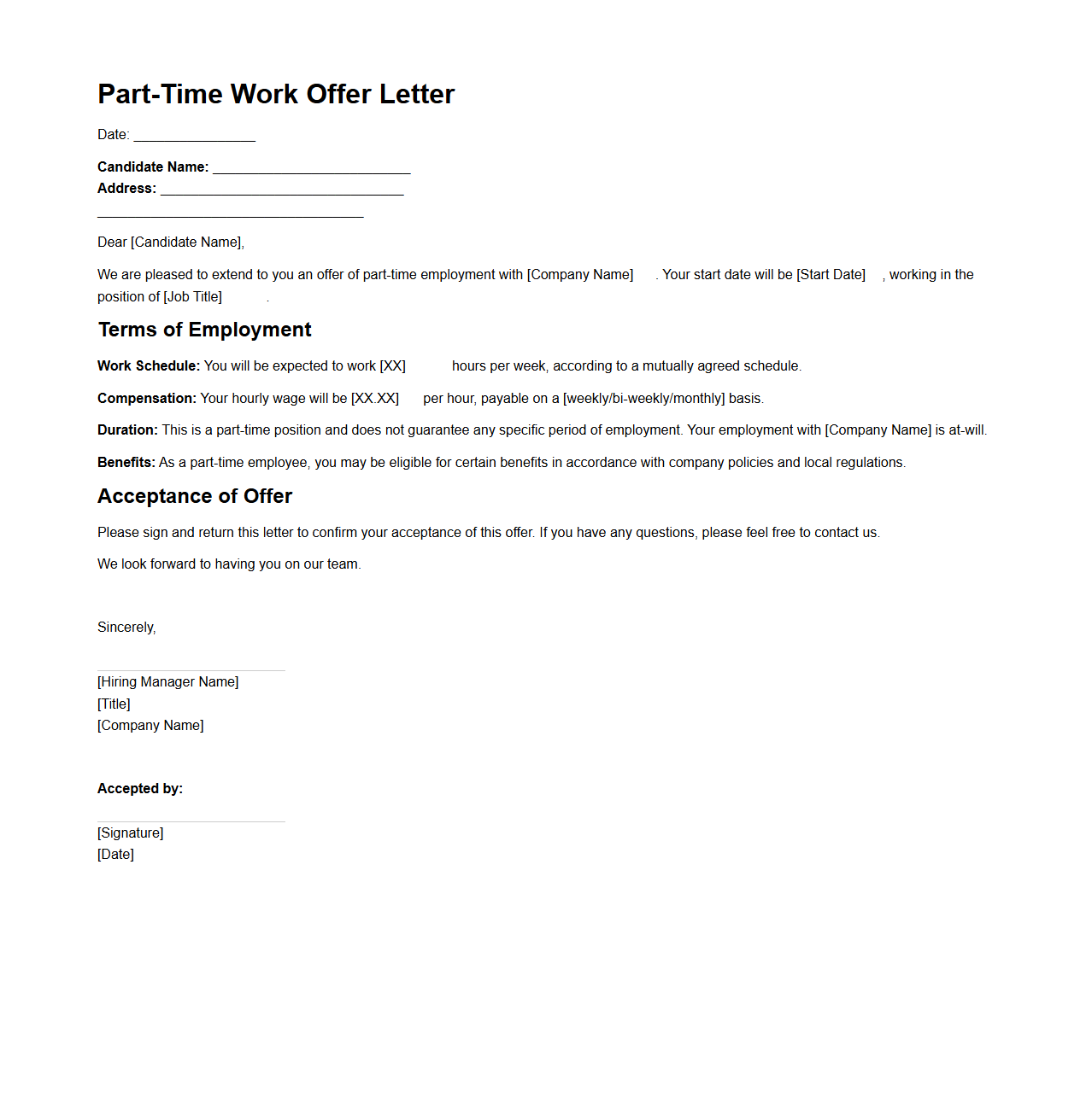 Part-Time Work Offer Letter Sample