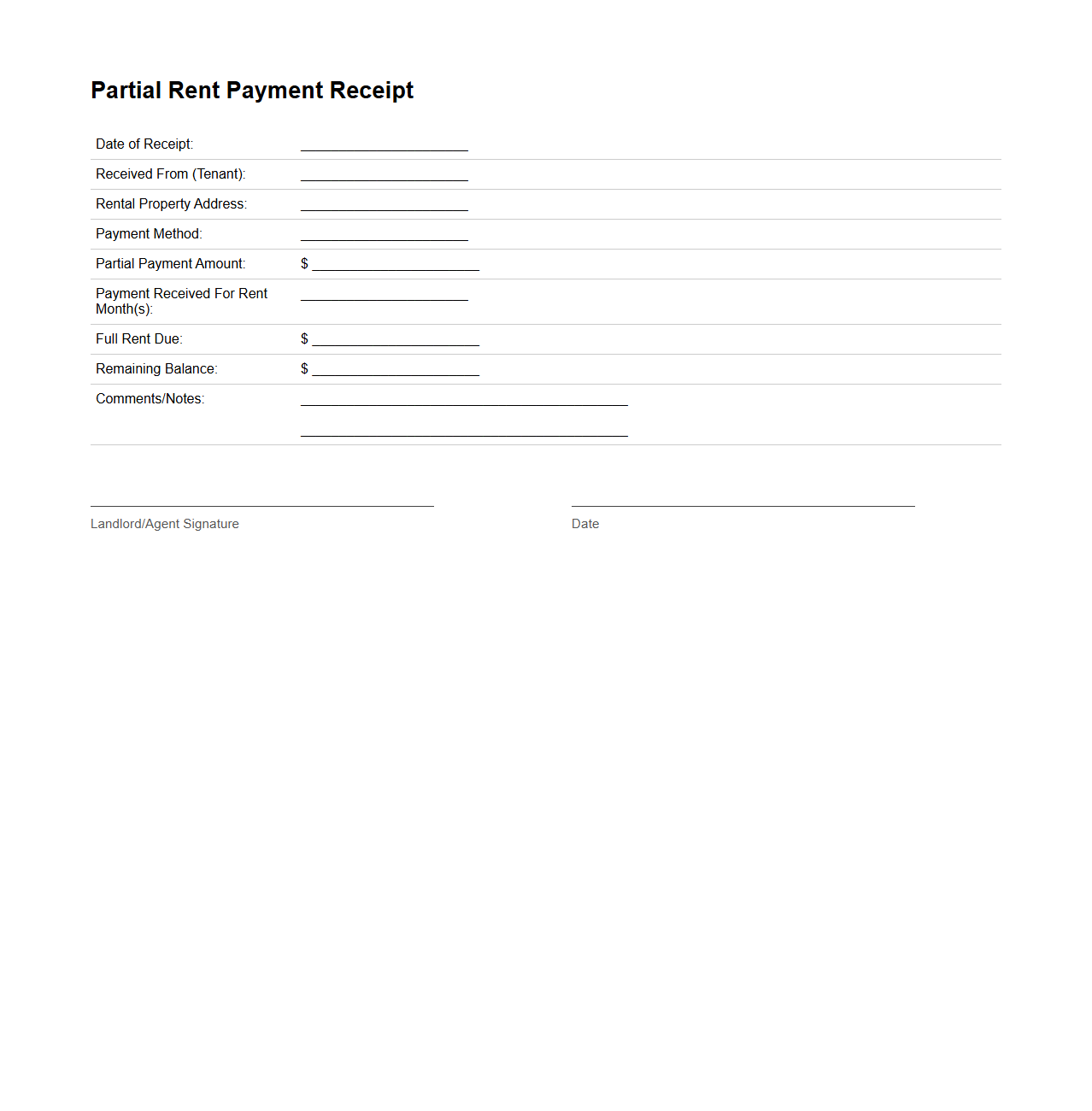 Partial Rent Payment Receipt Template