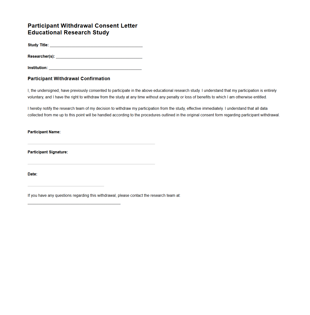 Participant Withdrawal Consent Letter for Educational Research