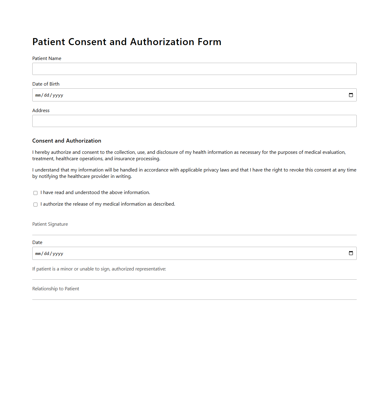 Patient Consent and Authorization Form