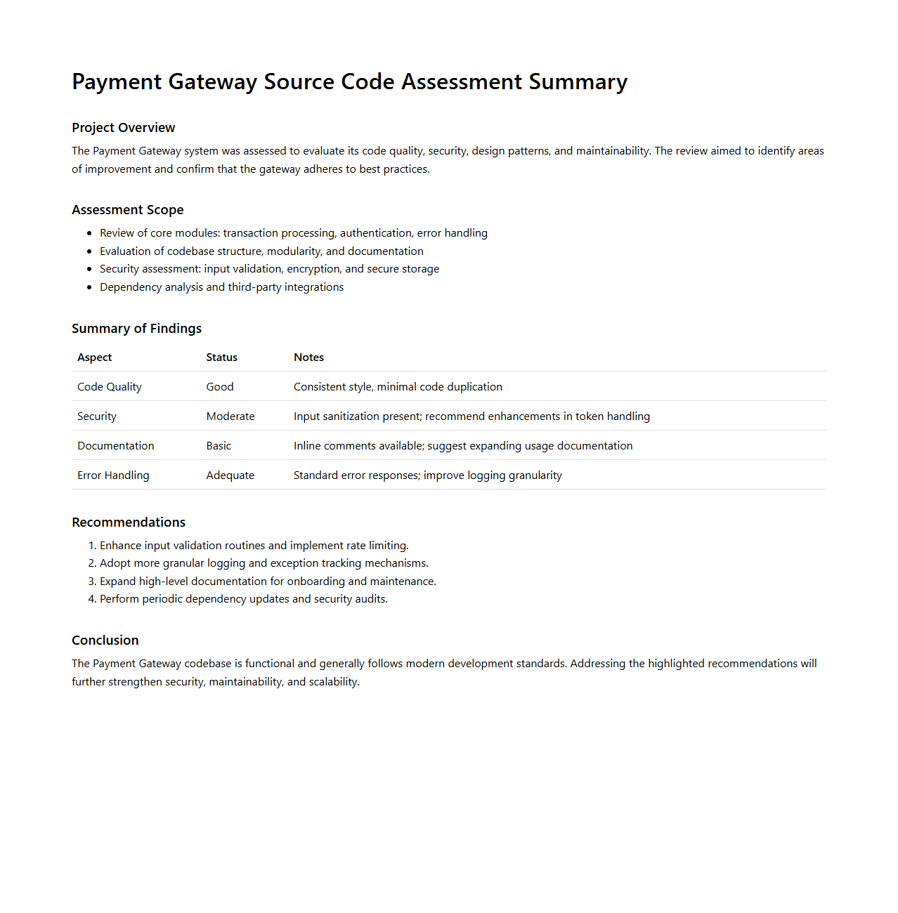 Payment Gateway Source Code Assessment Summary