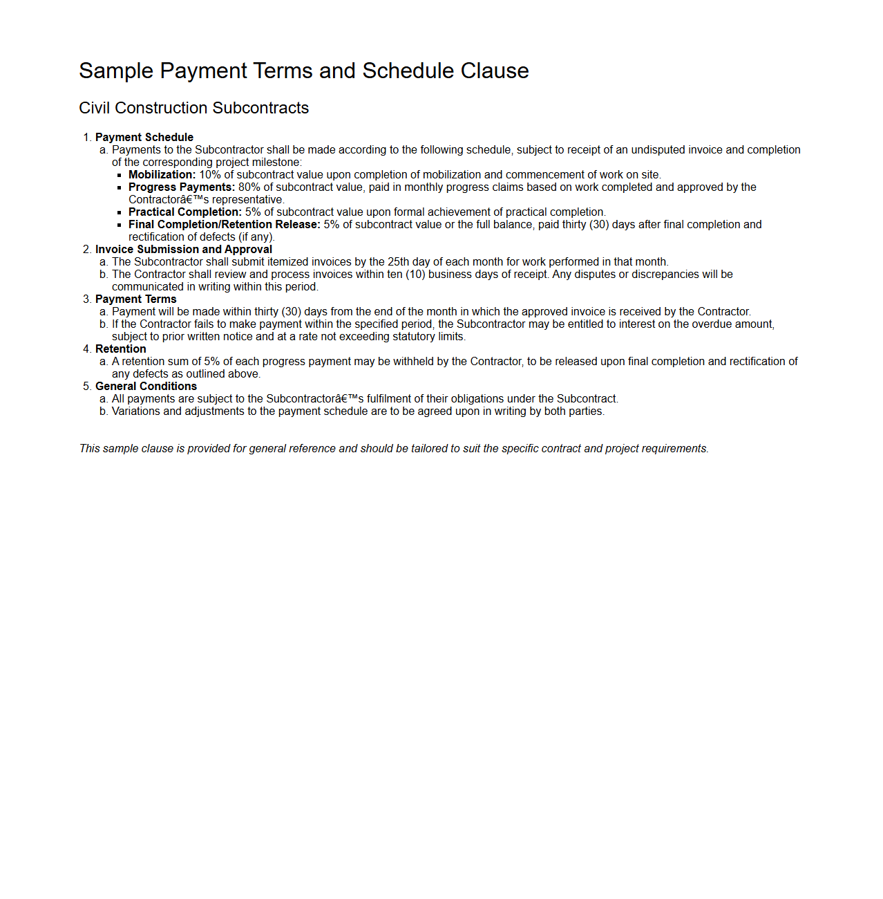 Payment Terms and Schedule Clause for Civil Construction Subcontracts