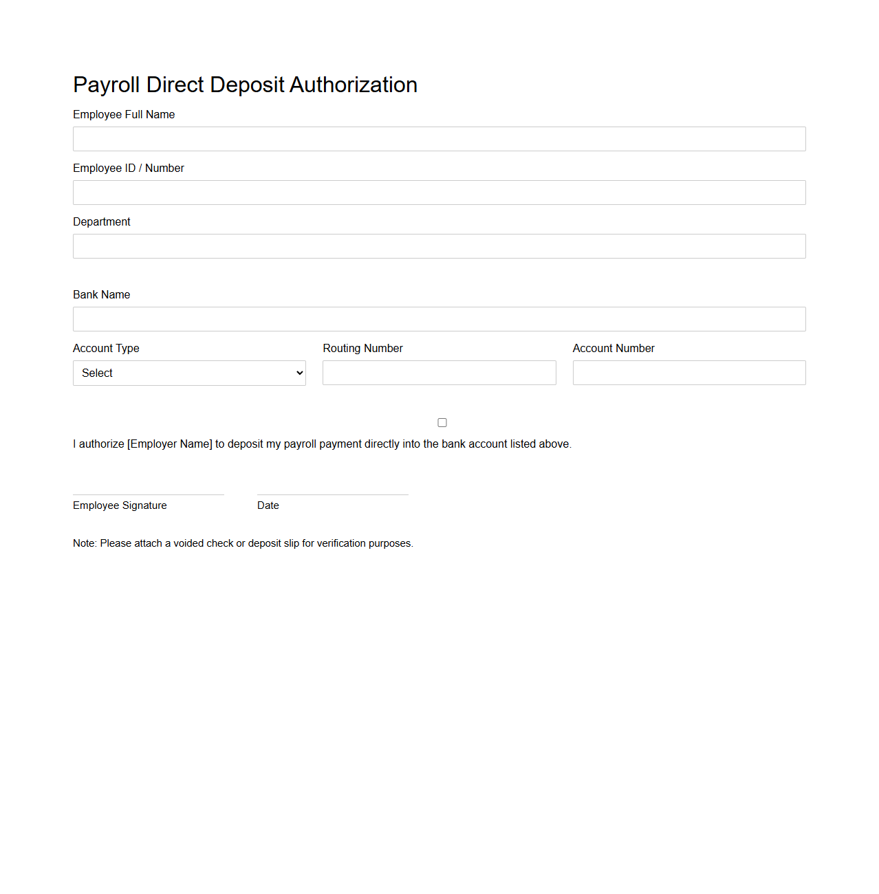 Payroll Direct Deposit Authorization Document