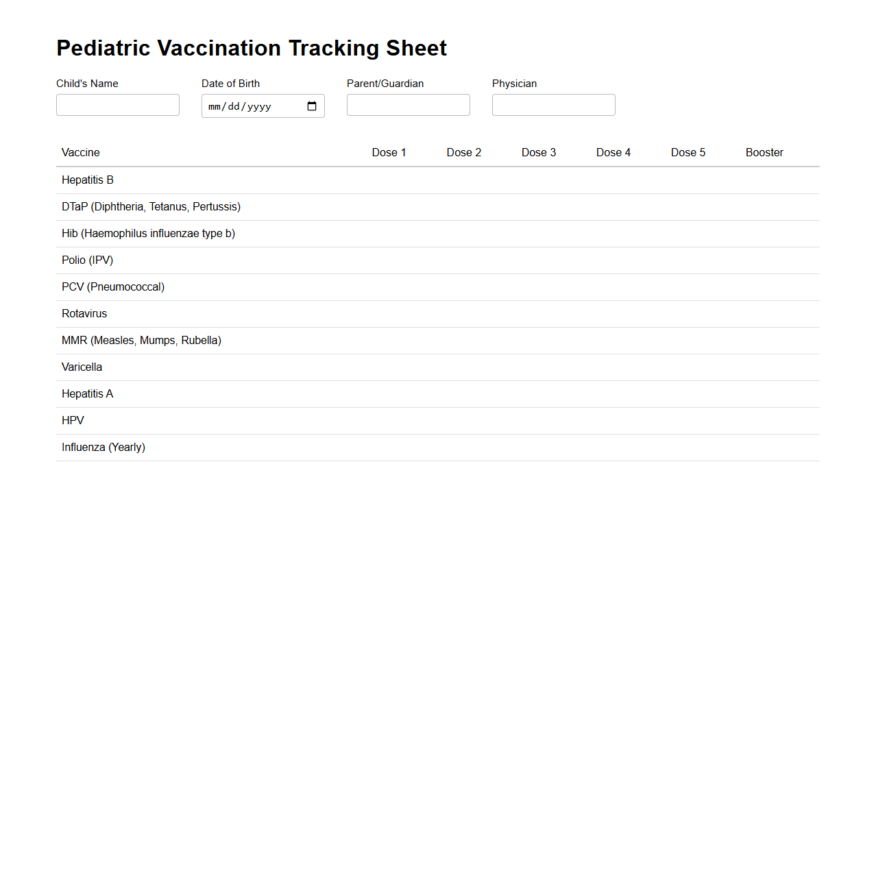 Pediatric Vaccination Tracking Sheet Example