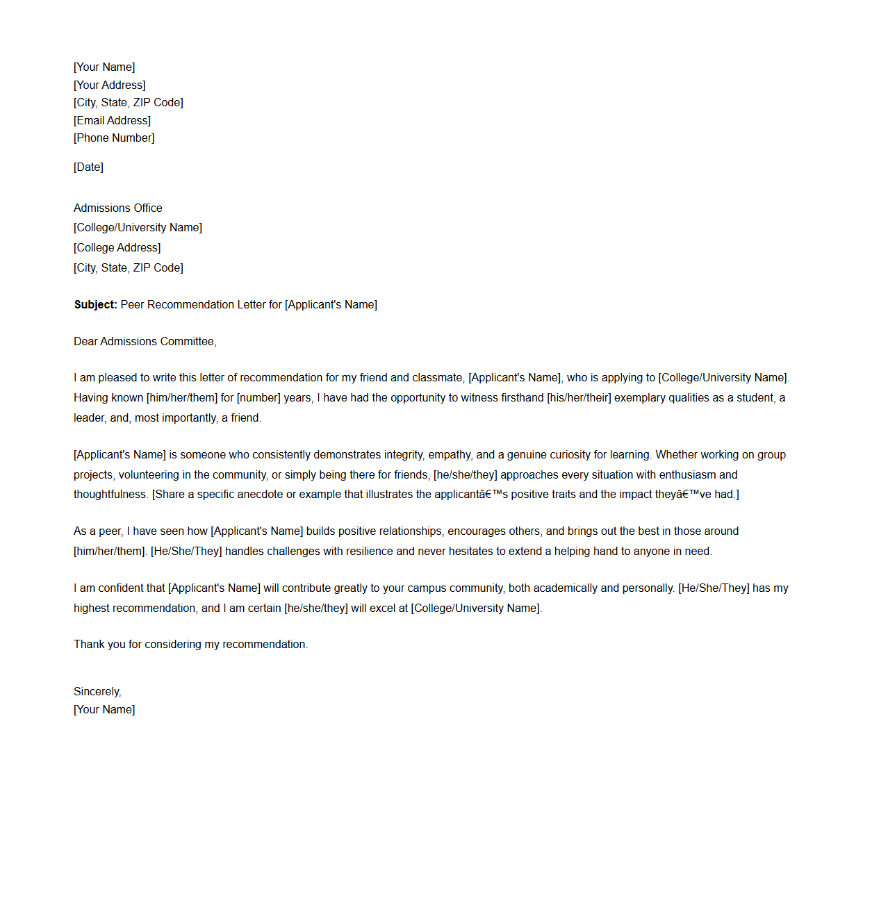 Peer Recommendation Letter for College Application