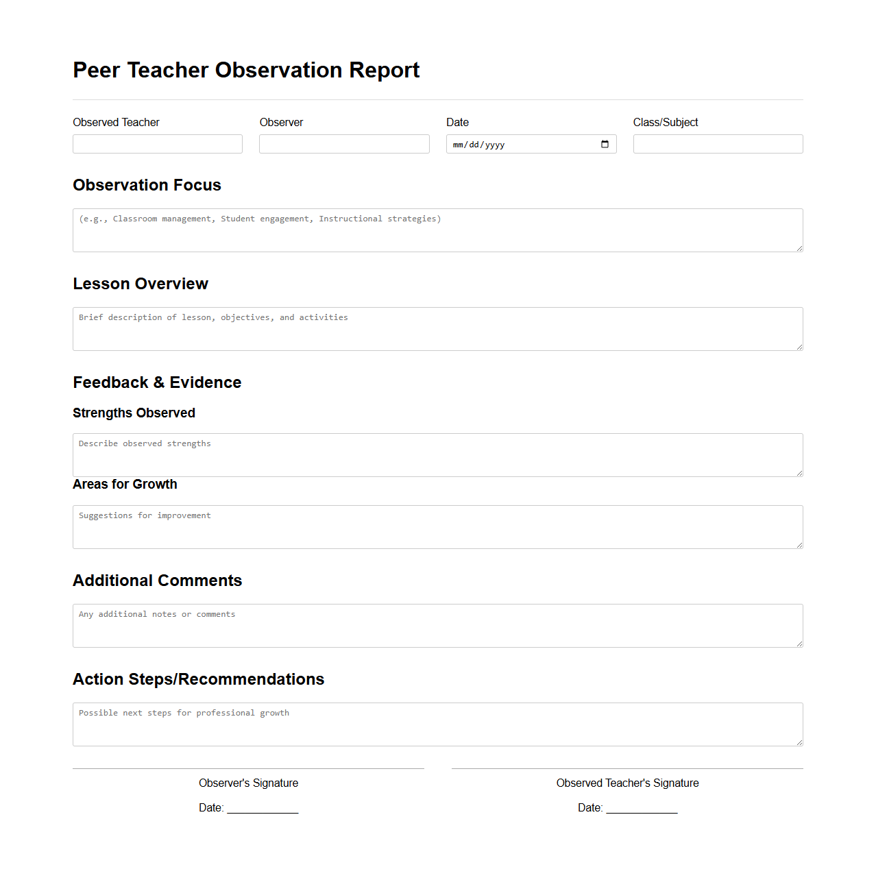 Peer Teacher Observation Report Sample