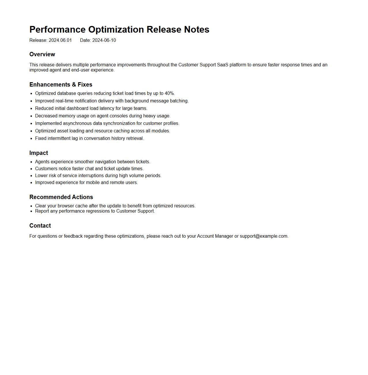 Performance Optimization Release Notes for Customer Support SaaS