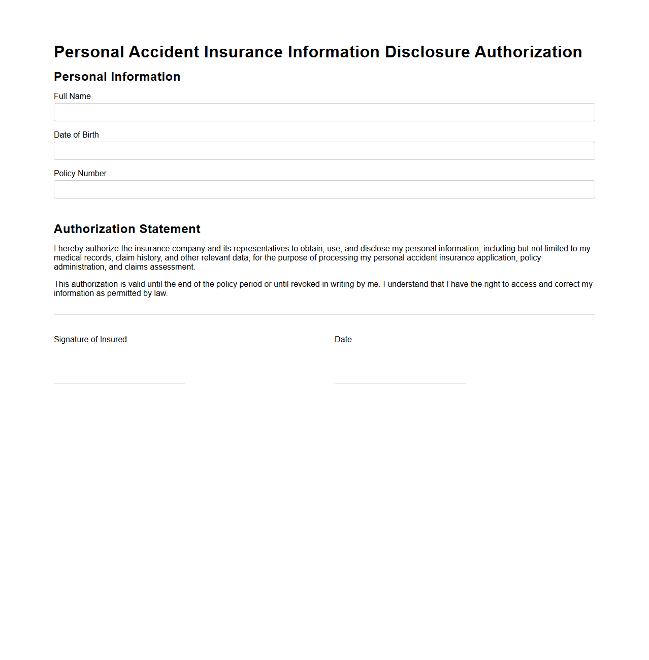 Personal Accident Insurance Information Disclosure Authorization Template