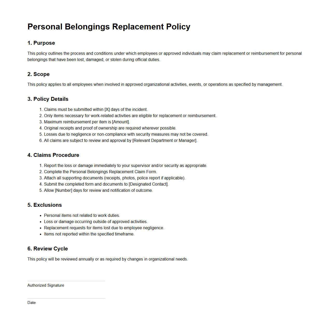Personal Belongings Replacement Policy Template