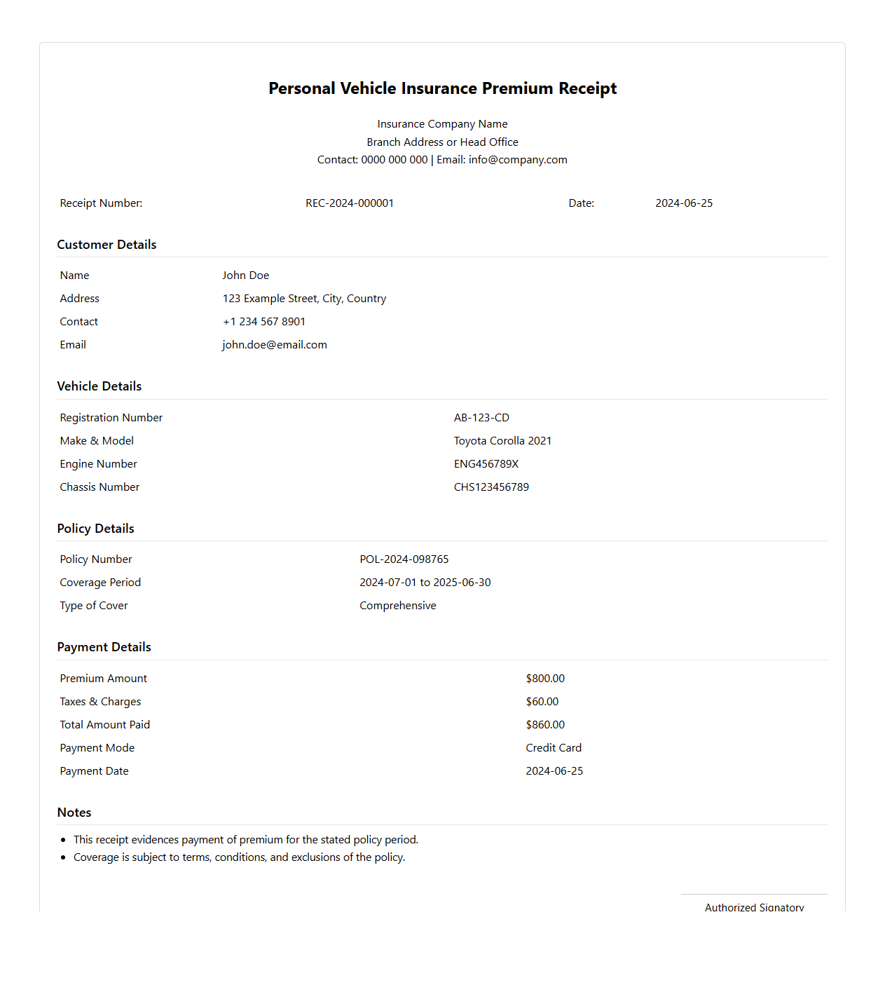 Personal Vehicle Insurance Premium Receipt Sample