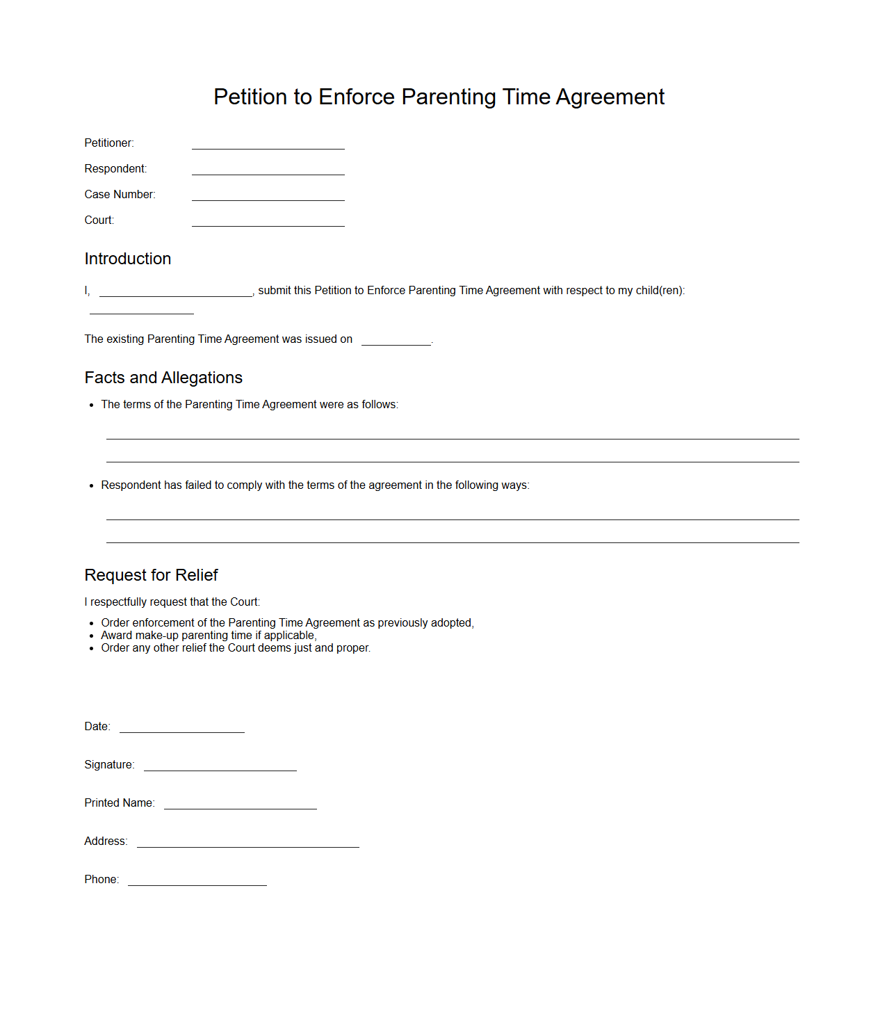 Petition to Enforce Parenting Time Agreement