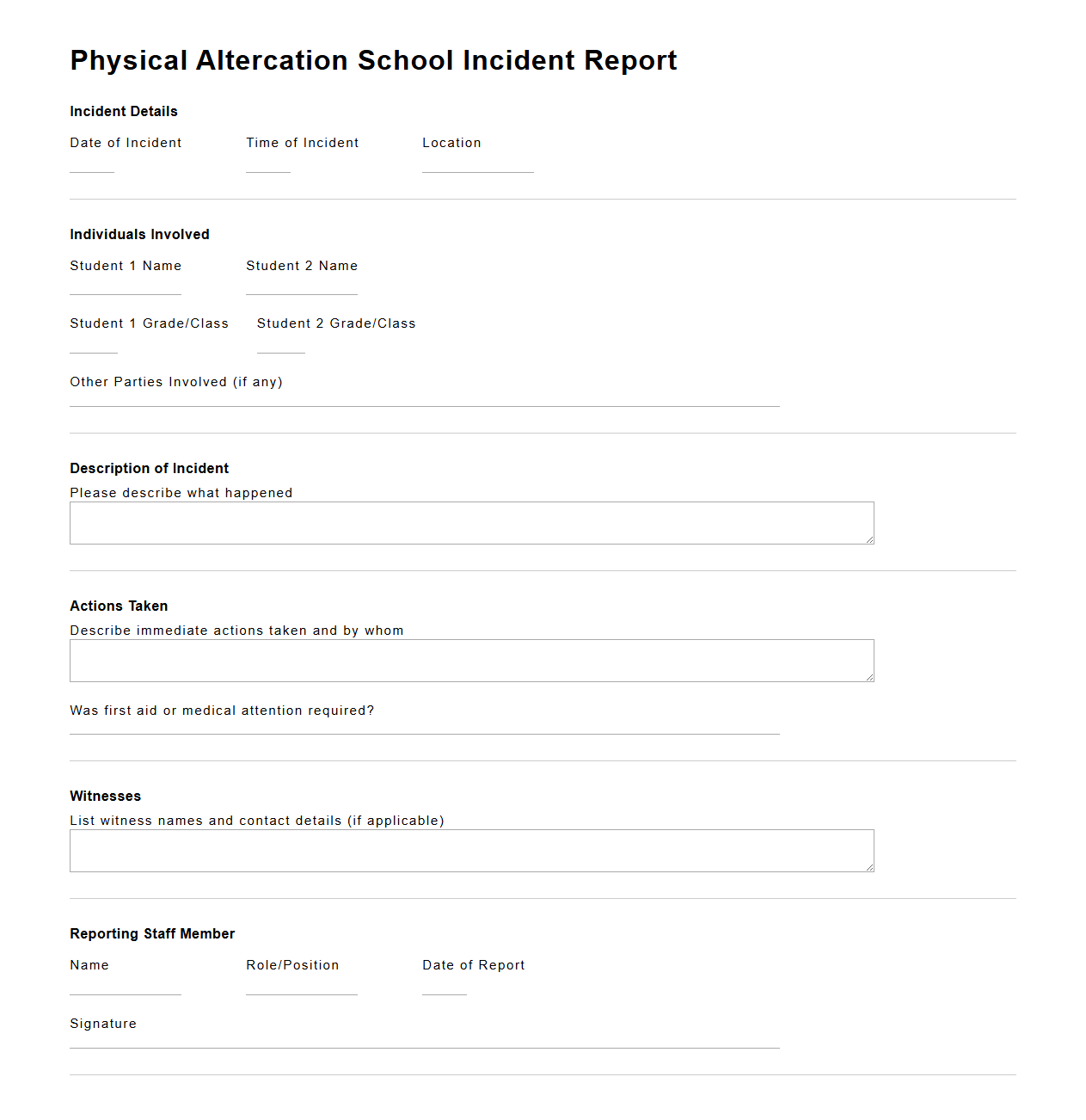Physical Altercation School Incident Report