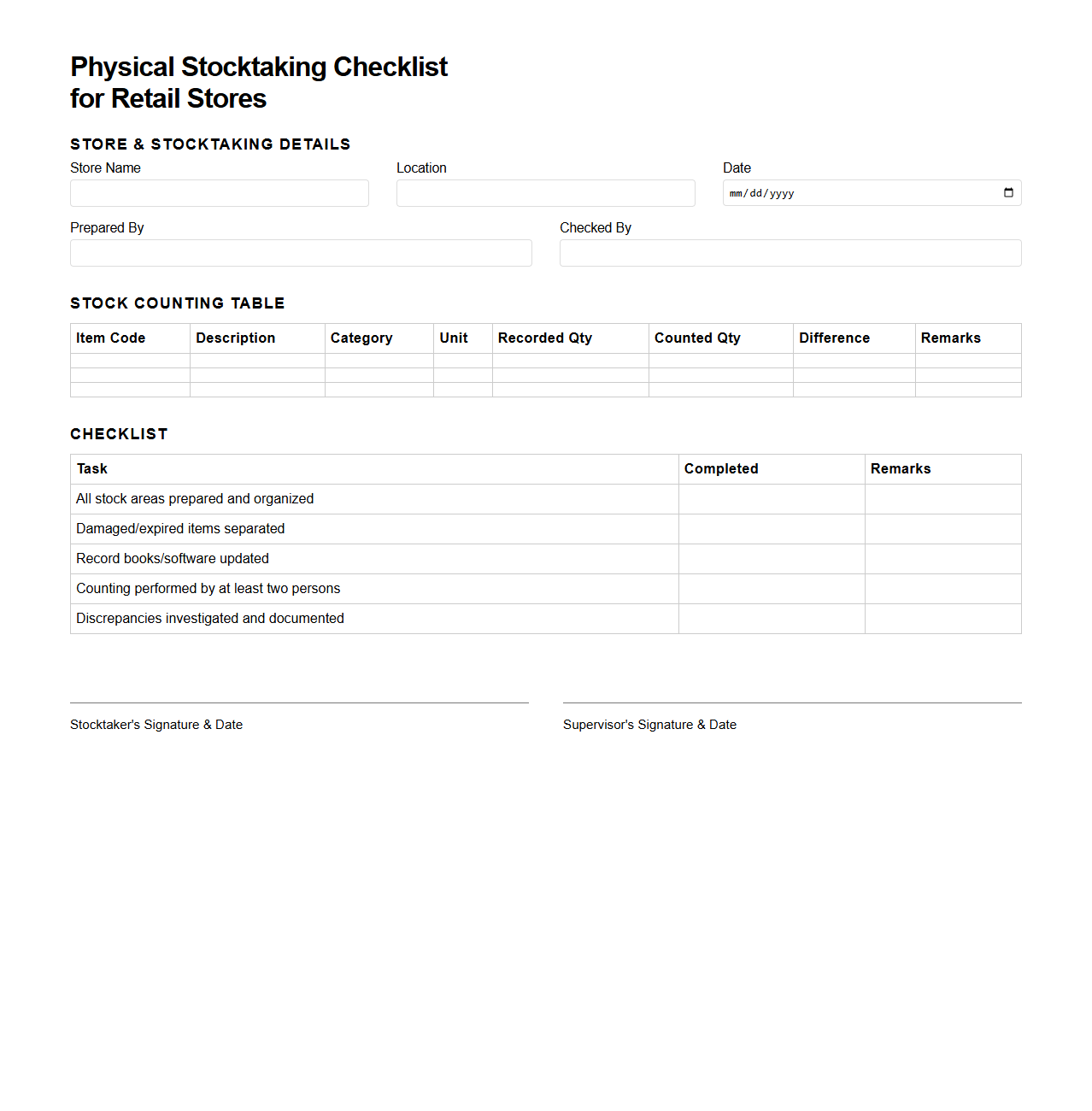 Physical Stocktaking Checklist for Retail Stores