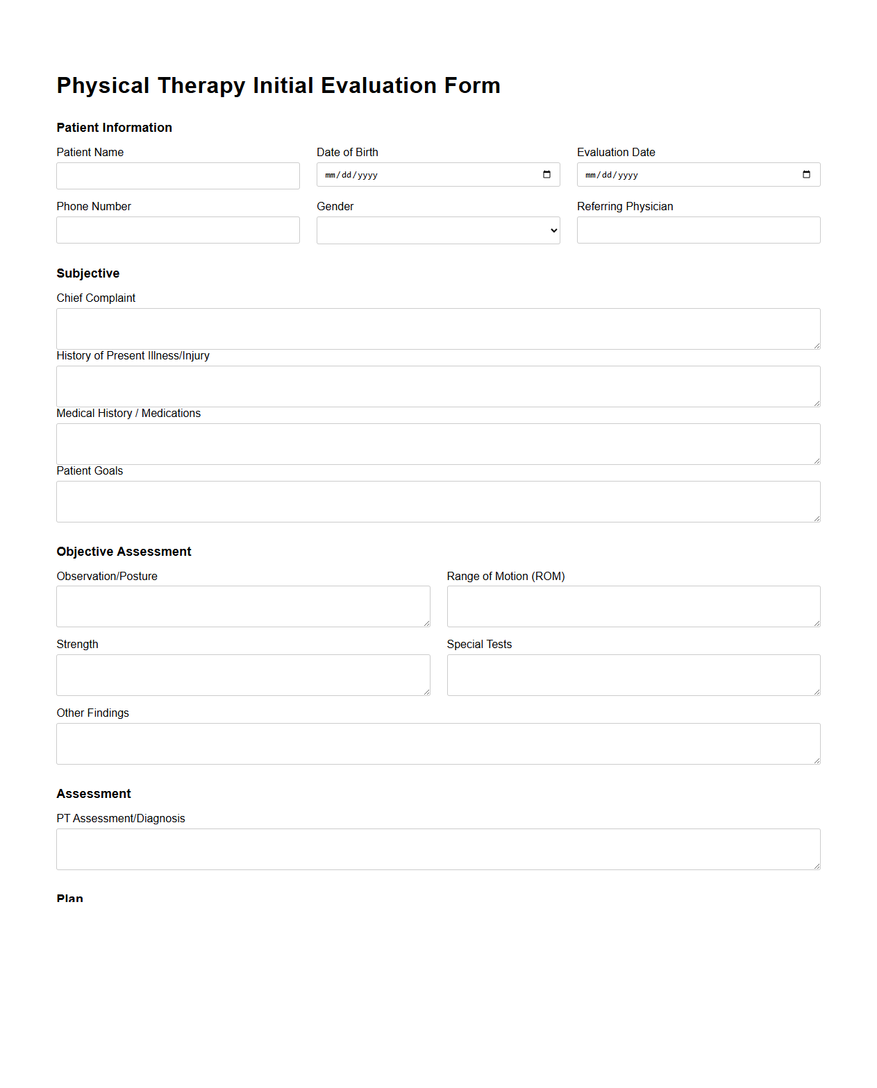 Physical Therapy Initial Evaluation Form