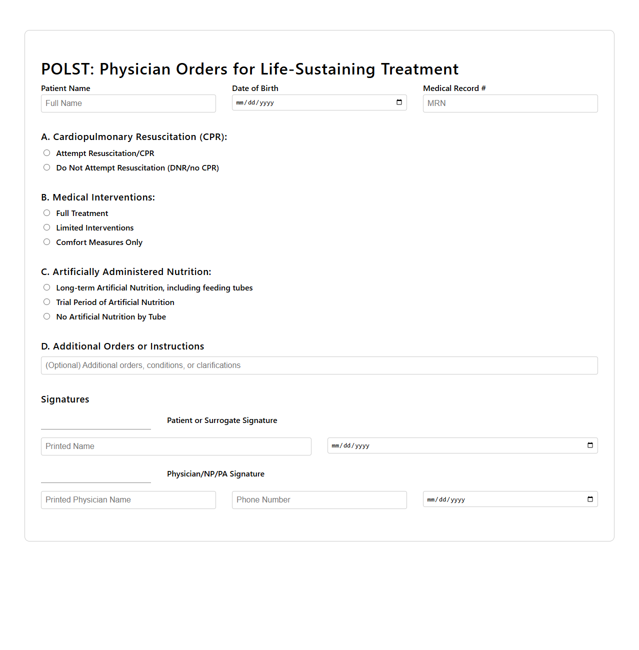 Physician Orders for Life-Sustaining Treatment (POLST) Example