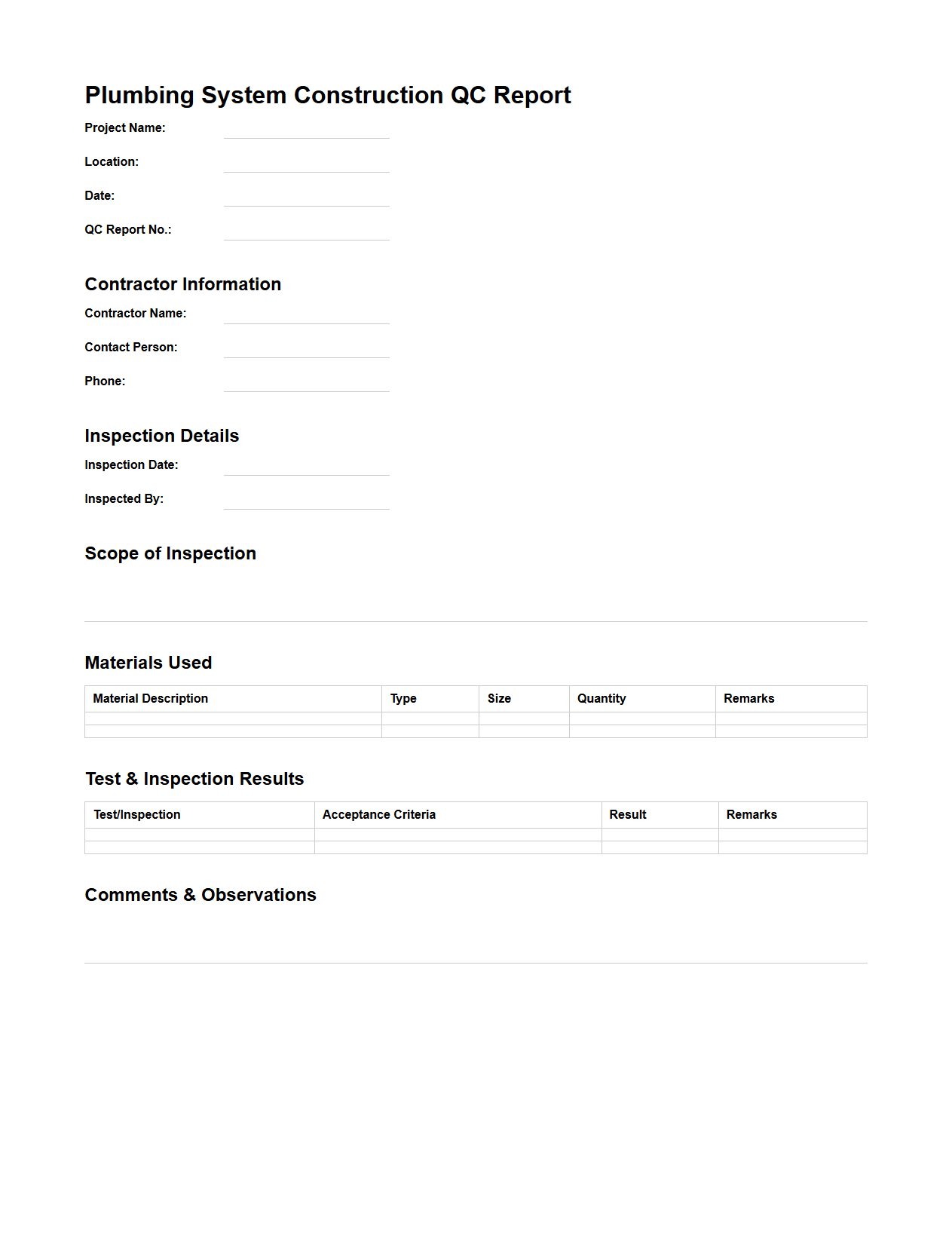 Plumbing System Construction QC Report Sample