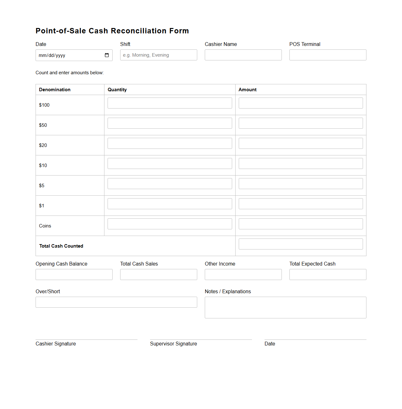 Point-of-Sale Cash Reconciliation Form