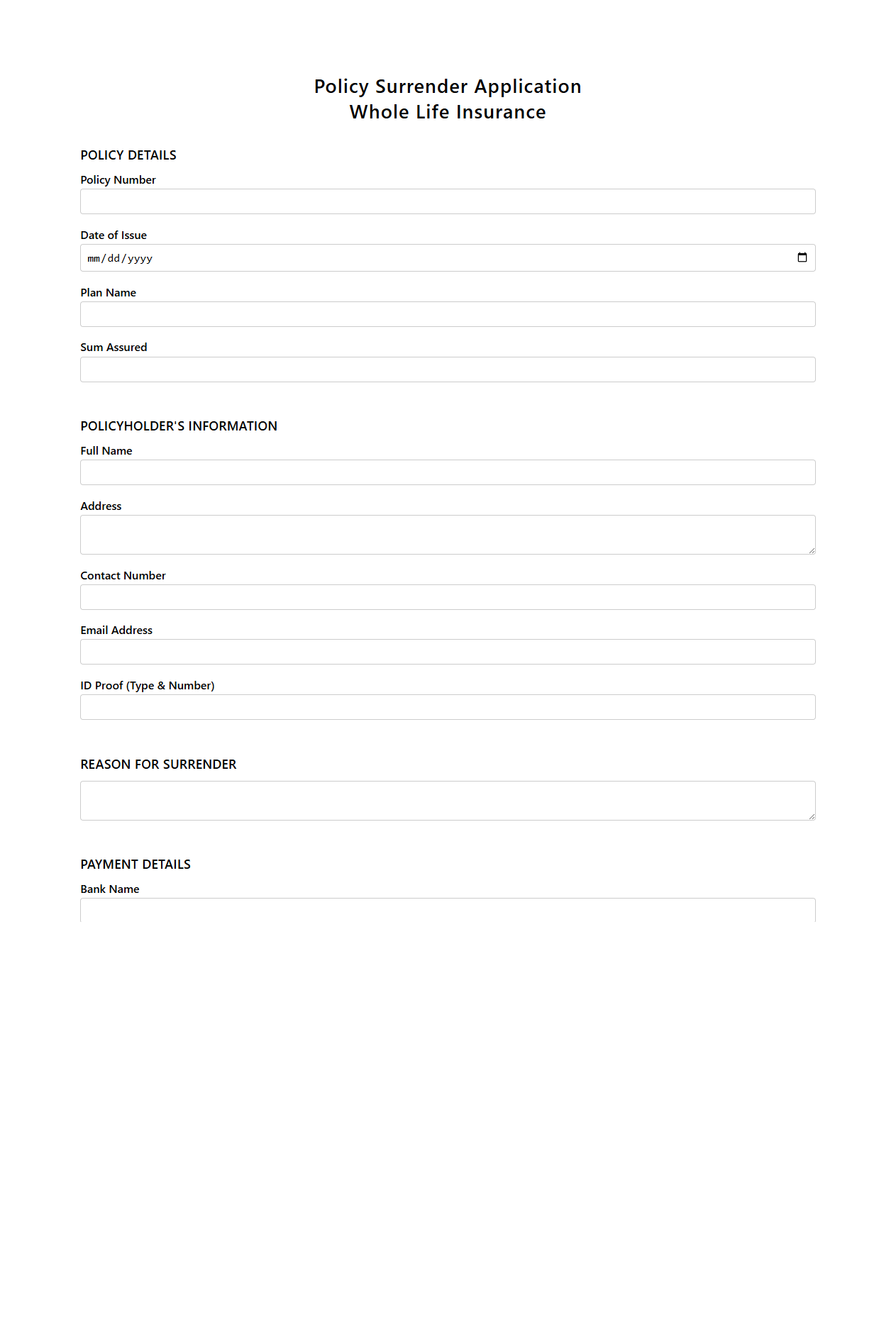 Policy Surrender Application for Whole Life Insurance