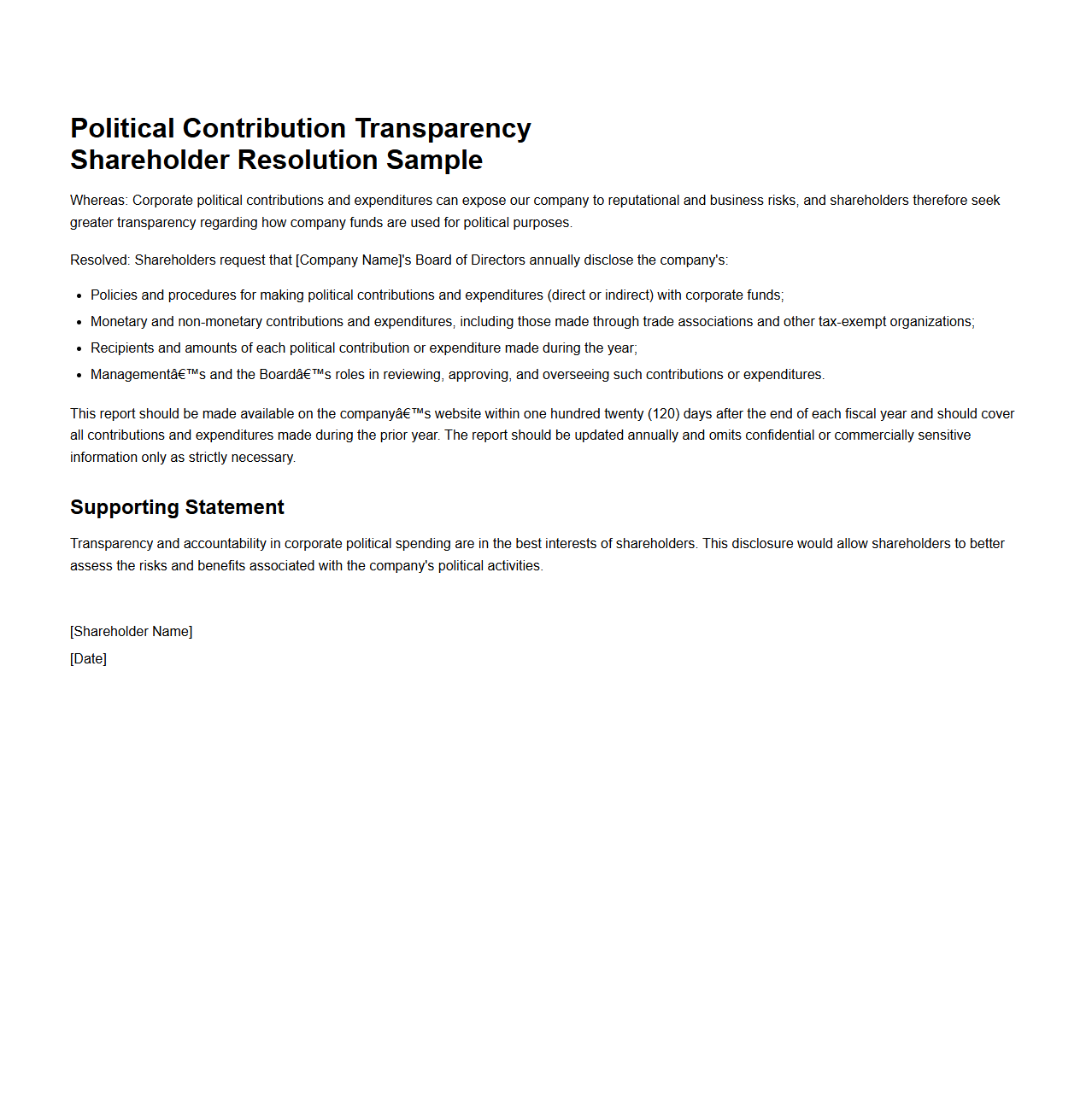 Political Contribution Transparency Shareholder Resolution Sample